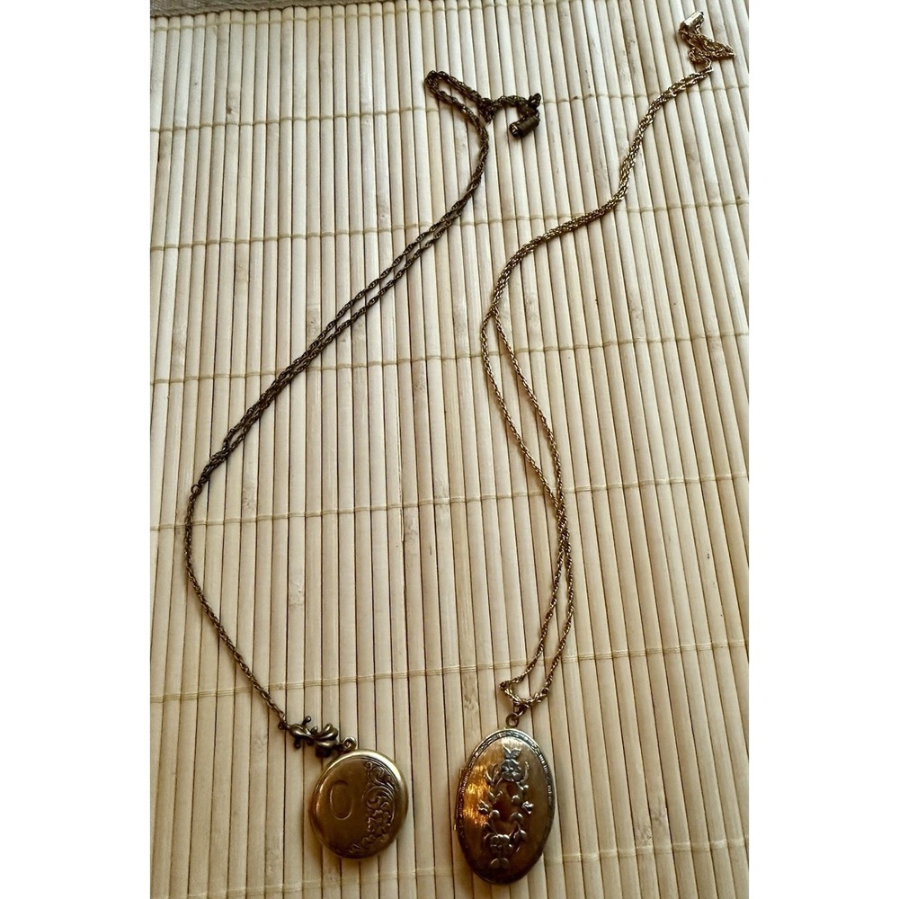 2  Pendant Necklaces 1928 & Vintage Signed Gold Tone Oval Floral Photo Lockets